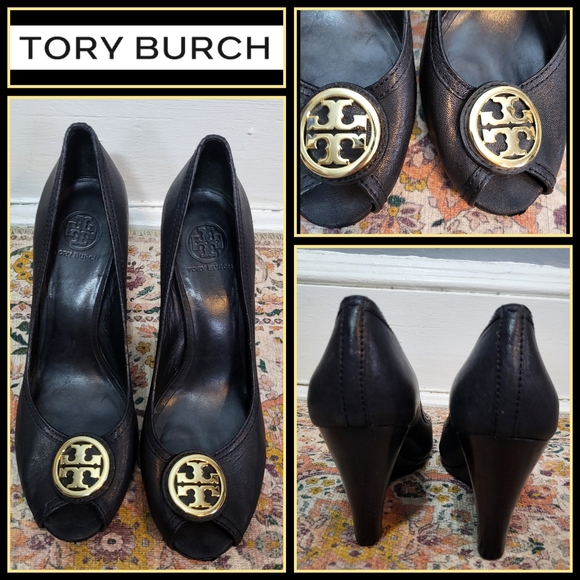TORY BURCH Size 11 Wedge Heel Black Leather With Gold Tone Emblem